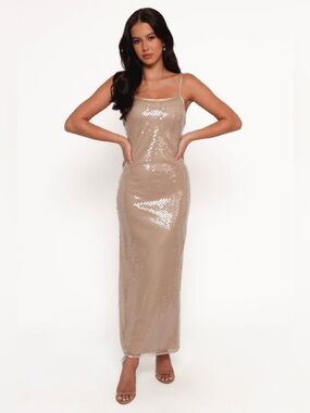 Petal & Pup Karley Sequin Maxi Dress in Beige